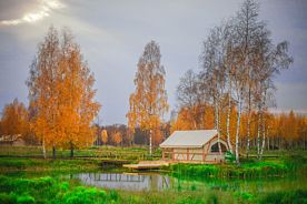 Двухместное бунгало Черничный островок с красивым видом из окна двуспальная кровать, Экопарк Легенды леса, Углич